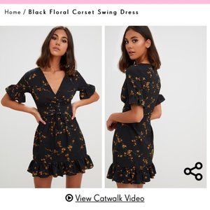 PrettyLittleThing Sz 6 Black Floral Corset Swing Dress